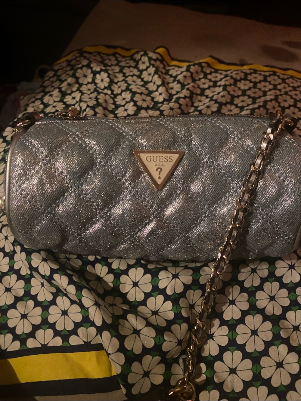 GUESS Metallic Silver Quilted Barrel Crossbody Bag